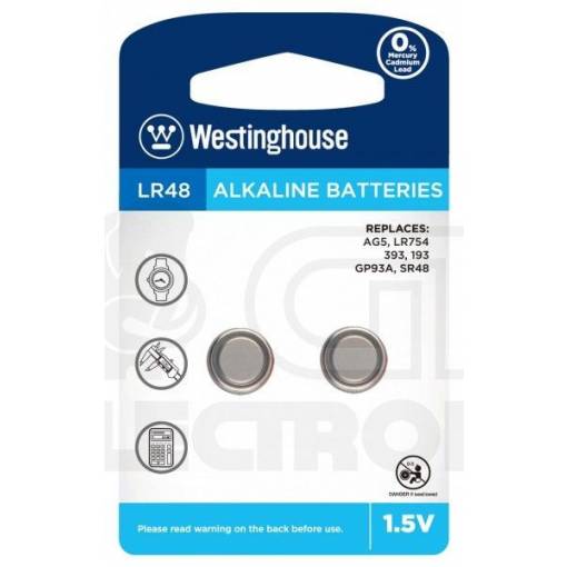 Foto - 2 ks Knoflíková baterie Westinghouse LR48 (AG5, LR754, 393, 193, GP93A, SR48) 1,5 V alkalická